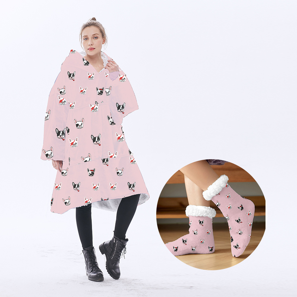 Custom Printing Giant Pocket Unisex Hooded Sherpa Wearable Blanket Oversized custom print winter cozy blanket hoodie with Socks