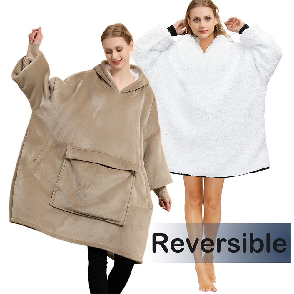 OEM High Quality Oversized Big Plus Size Flannel Sherpa Wearable Hoodie Blanket Sweatshirt Hooded Blanket With Sleeves