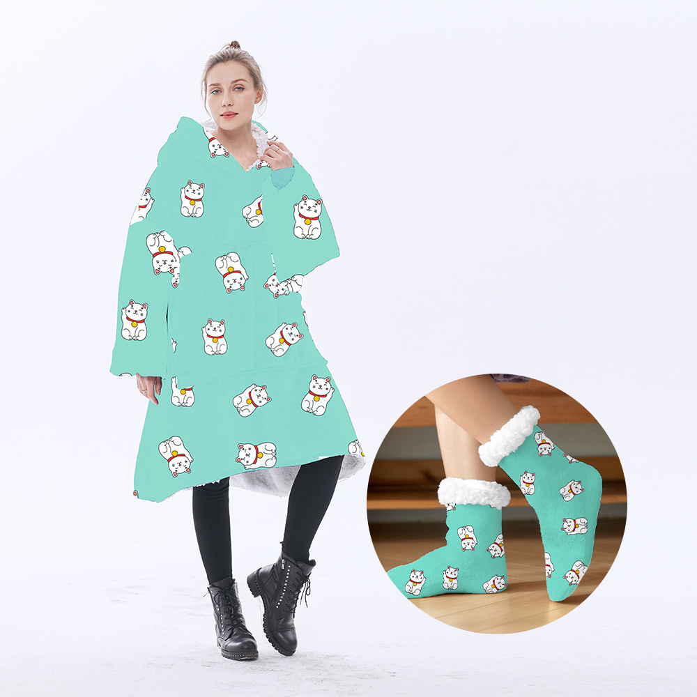 Custom Printing Giant Pocket Unisex Hooded Sherpa Wearable Blanket Oversized custom print winter cozy blanket hoodie with Socks