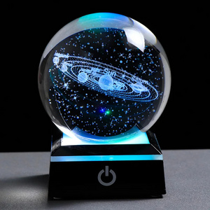 80mm K9 Crystal Ball Solar System Globe Astronomy Ornaments Gifts 3D Laser Engraved Sun System Crystal Ball with LED Light Base