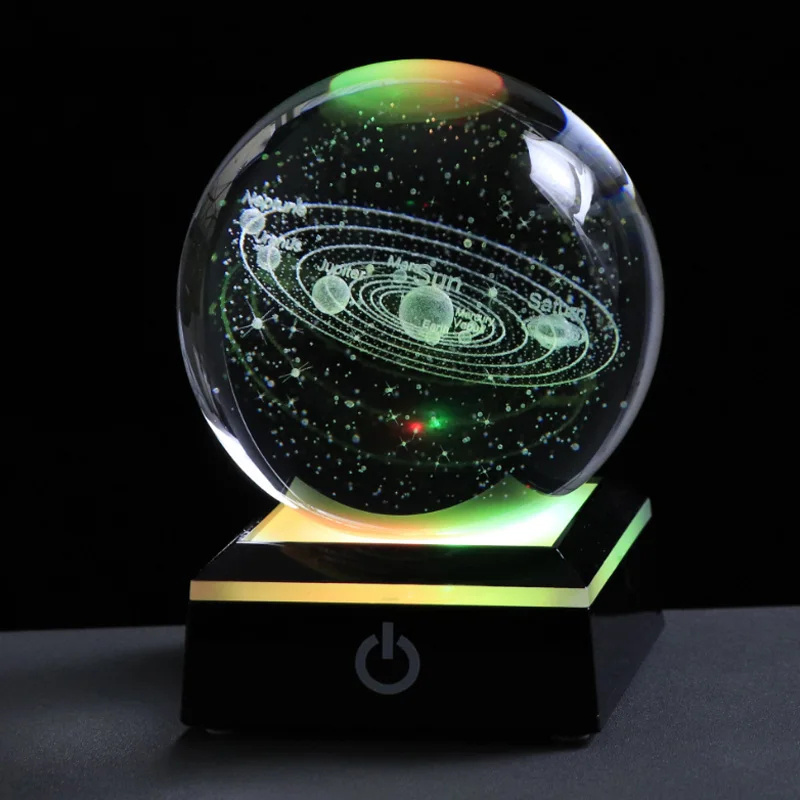 80mm K9 Crystal Ball Solar System Globe Astronomy Ornaments Gifts 3D Laser Engraved Sun System Crystal Ball with LED Light Base