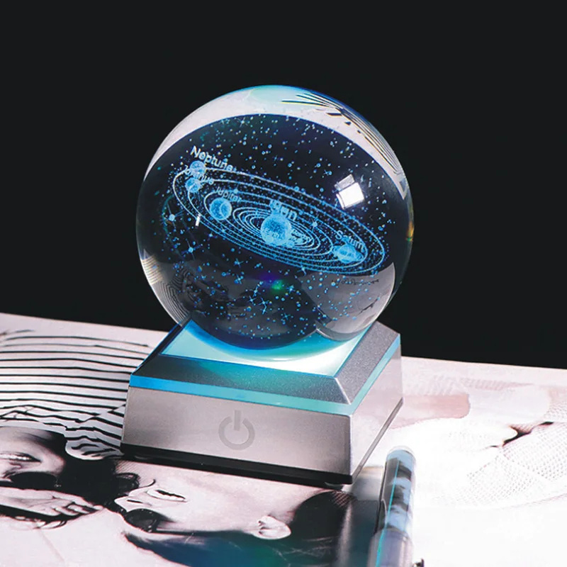 80mm K9 Crystal Ball Solar System Globe Astronomy Ornaments Gifts 3D Laser Engraved Sun System Crystal Ball with LED Light Base