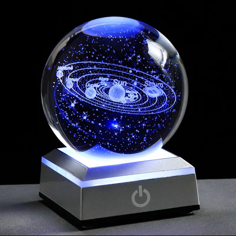 80mm K9 Crystal Ball Solar System Globe Astronomy Ornaments Gifts 3D Laser Engraved Sun System Crystal Ball with LED Light Base