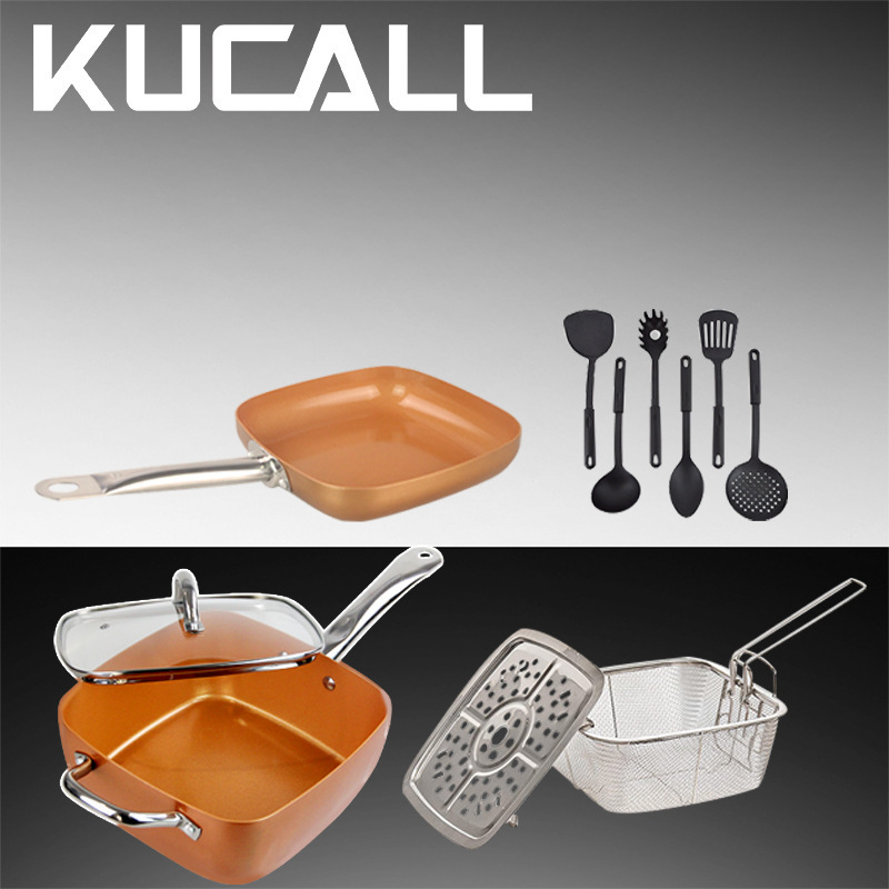 11 pcs/set Frying Pan Copper Cookware Ceramic Induction Skillet Nonstick Cooking Oven & Dishwasher Safe Square Pot Set