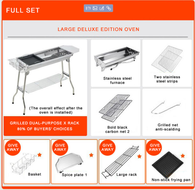 Full-set Stainless Steel Commercial BBQ Barbecue Grill , Charcoal BBQ Grills Functional Camping Barbecue Grill