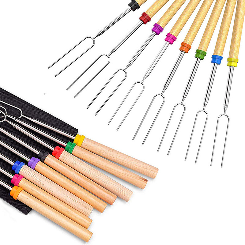 Stainless Steel Marshmallow Roasting Sticks Extendable Forks Set Wooden Handle Grill BBQ Barbecue Skewers