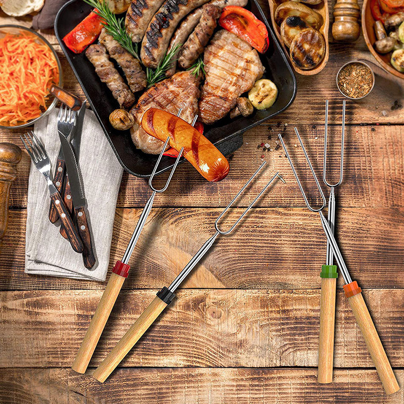 Stainless Steel Marshmallow Roasting Sticks Extendable Forks Set Wooden Handle Grill BBQ Barbecue Skewers