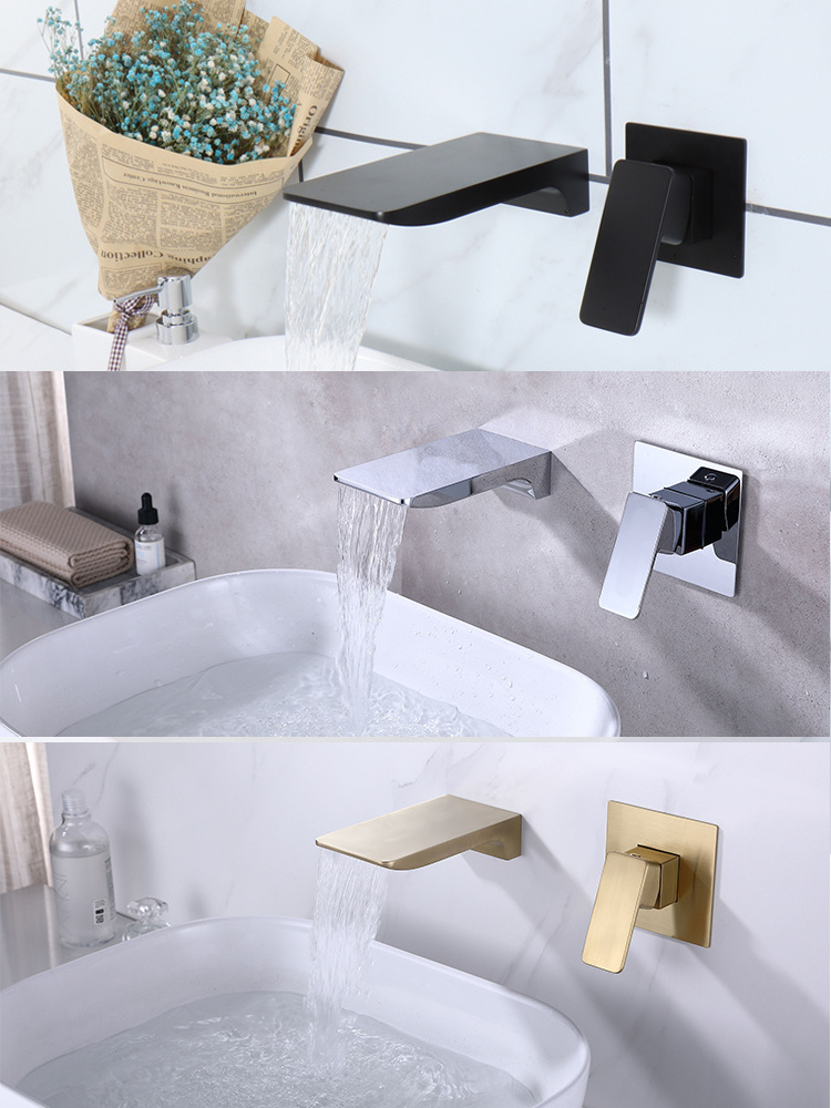 High quality brass bathroom waterfall basin faucet brushed gold in-wall concealed basin mixer