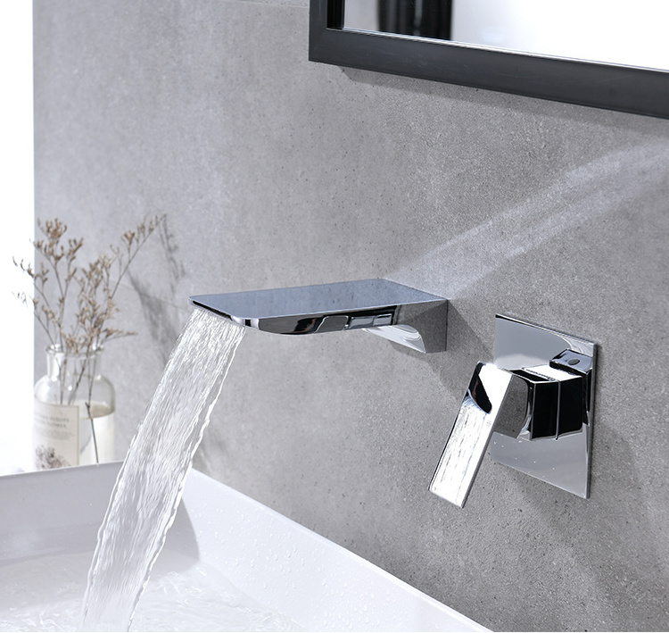 High quality brass bathroom waterfall basin faucet brushed gold in-wall concealed basin mixer