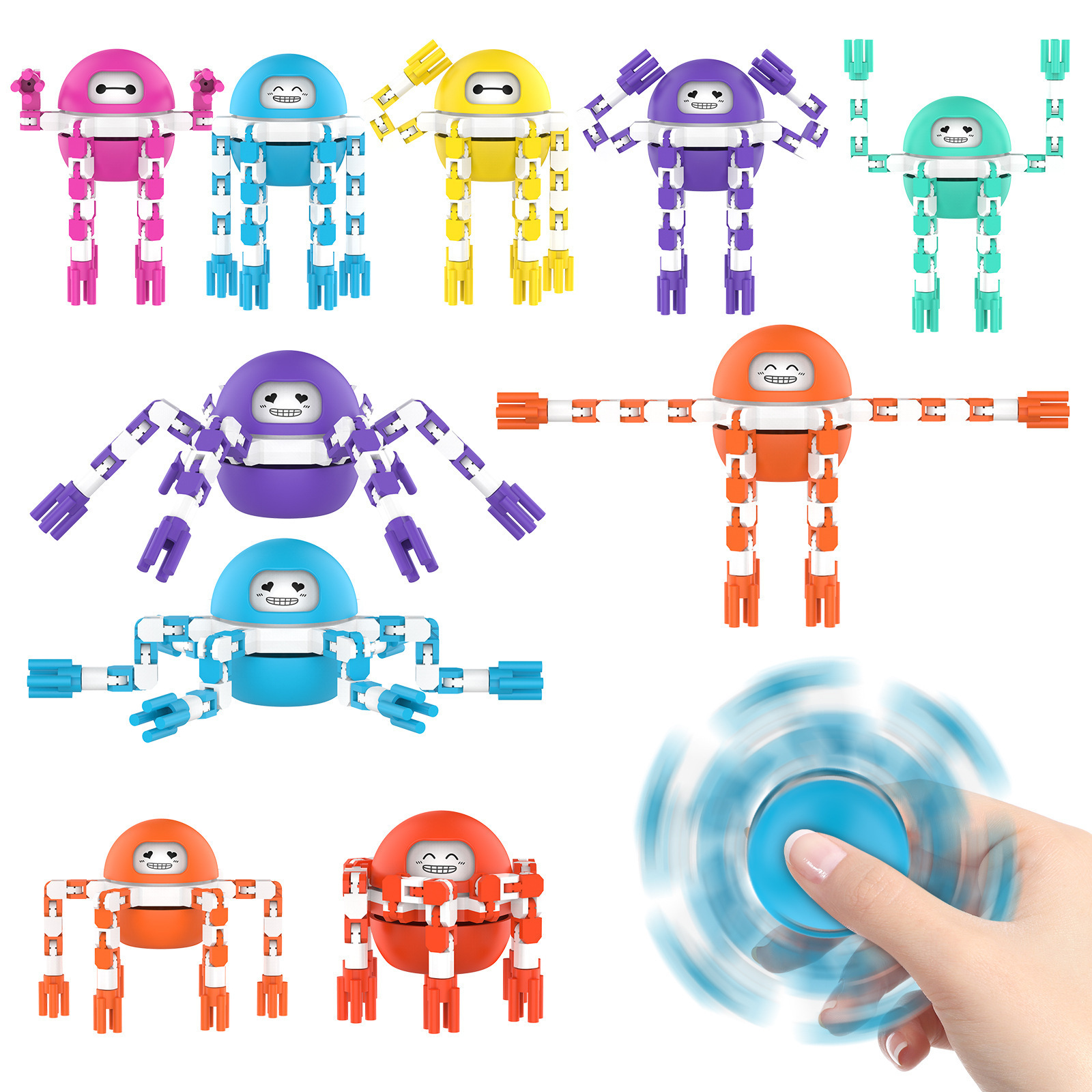 2023 Novelty Fidget Toys Transformable Chain Robot Toy DIY Deformation Mechanical Spinners Twister Flying Top