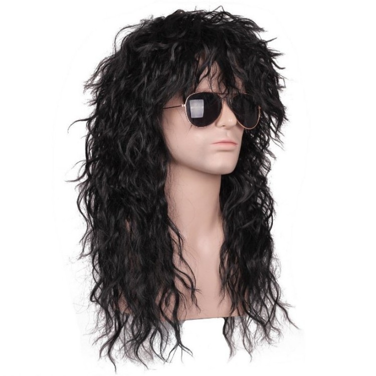 High Quality Mens 80s  Black Mullet Wigs Halloween Costume Male Wig Punk Heavy Metal Rocker Wig Curly Long Perruque Synthetic