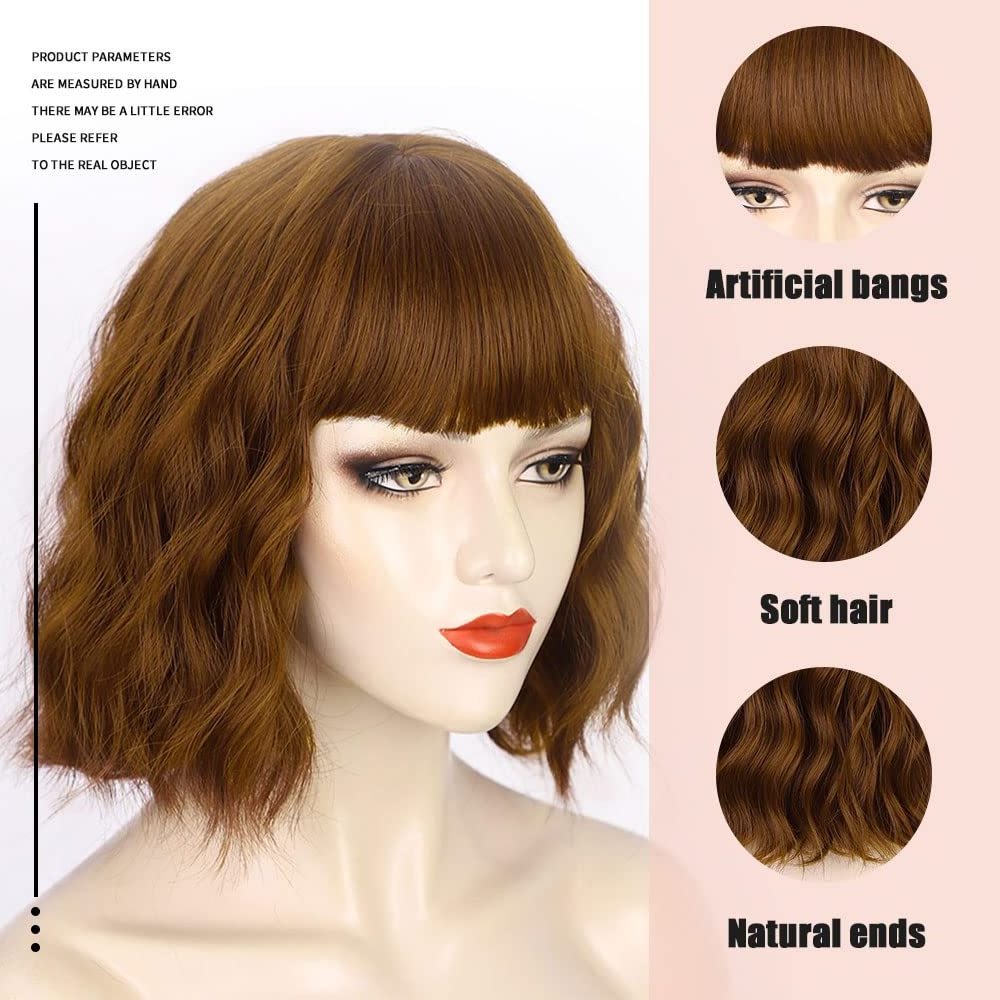 Short Wavy Wigs with Bangs Short Curly Bob Reddish Wigs for Women Synthetic Wavy Bob Wig Heat Resistant Fiber Hair  Extensions