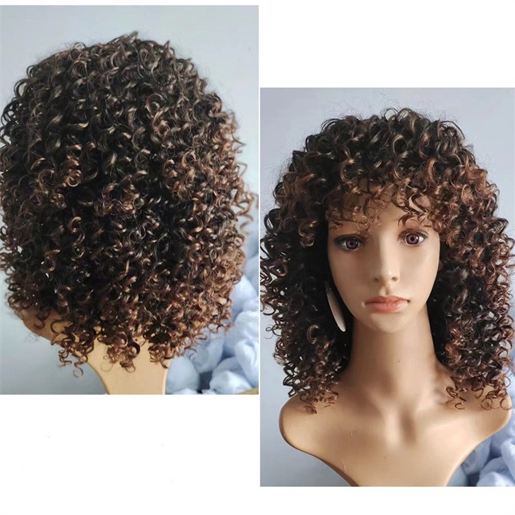 16 Inches Black Curly Wig with Bangs for Black Women Afro Kinky Curly Daily Party Cosplay Synthetic Wigs  for Girls OEM