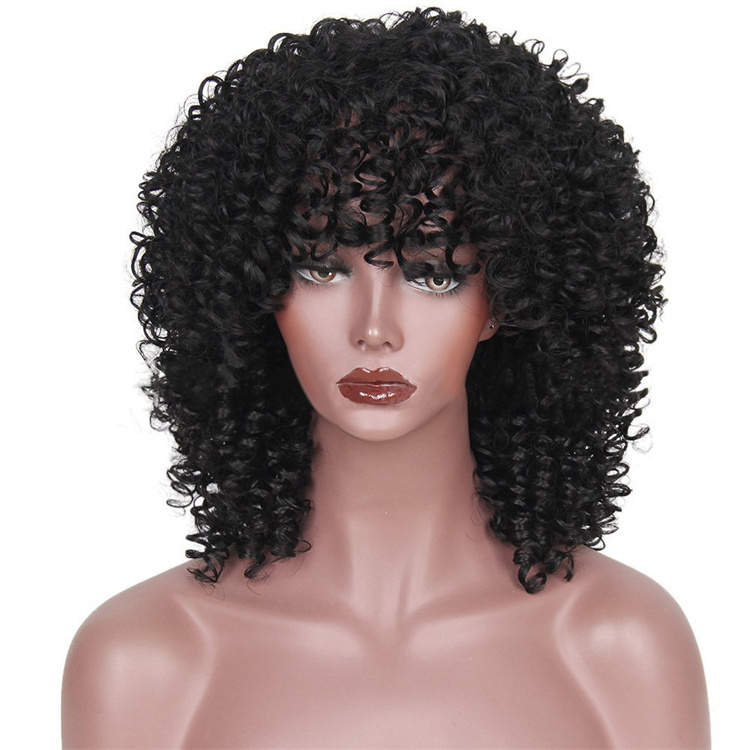 16 Inches Black Curly Wig with Bangs for Black Women Afro Kinky Curly Daily Party Cosplay Synthetic Wigs  for Girls OEM