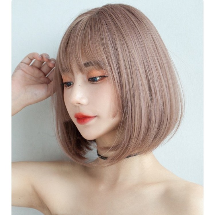 Popular Japanese Smoke Pink Cos Wig Synthetic  with Bangs  Influencer Short Pink  BoBo Wigs Internet Celebrity Himecut Hair Wigs