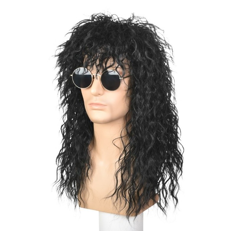 High Quality Mens 80s  Black Mullet Wigs Halloween Costume Male Wig Punk Heavy Metal Rocker Wig Curly Long Perruque Synthetic