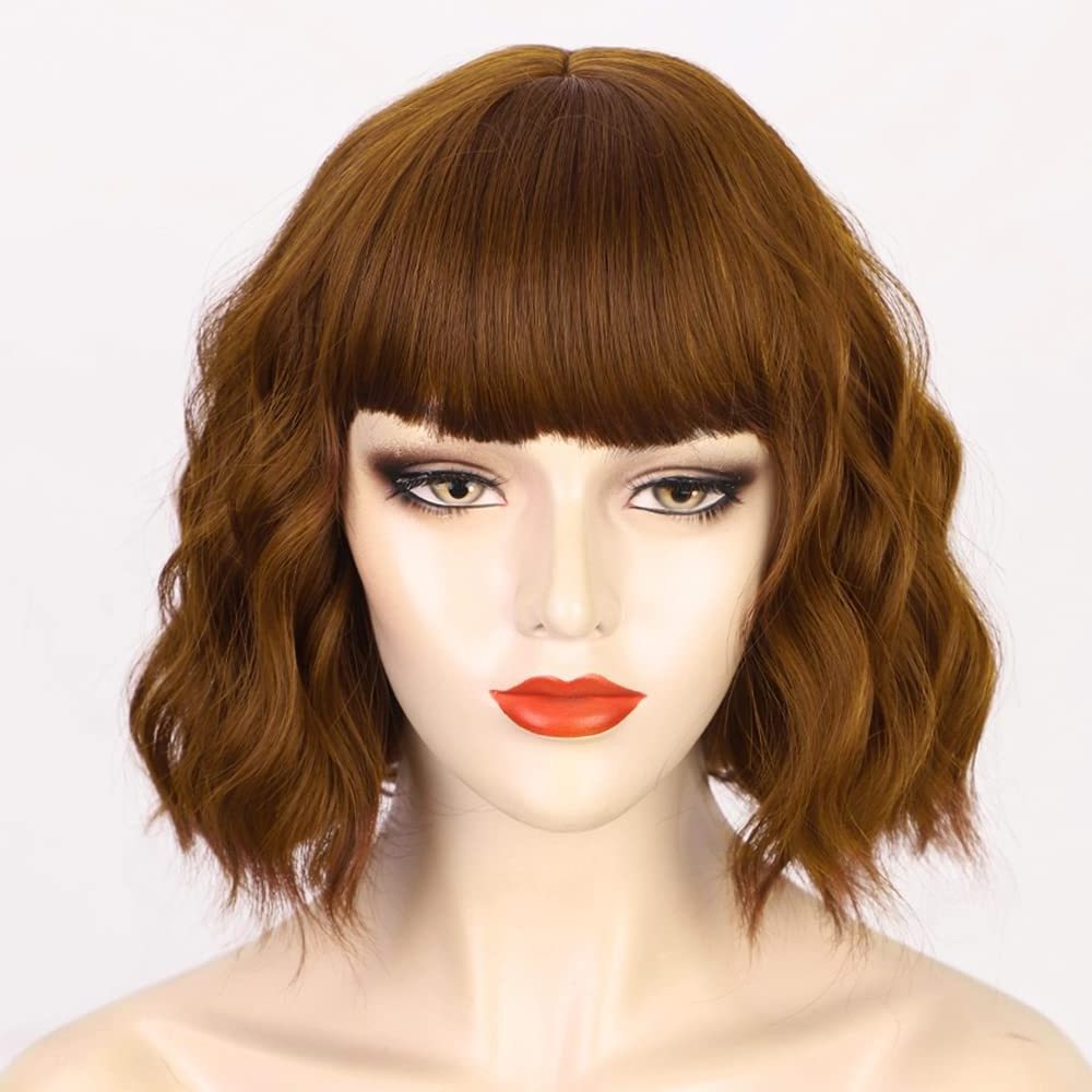 Short Wavy Wigs with Bangs Short Curly Bob Reddish Wigs for Women Synthetic Wavy Bob Wig Heat Resistant Fiber Hair  Extensions