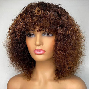 High Quality Brown 27#  Machine Made Pixie Curly Bobo Wigs Brazilian Fringe Bangs Curly Bob 250% Density Human Hair Wig Black