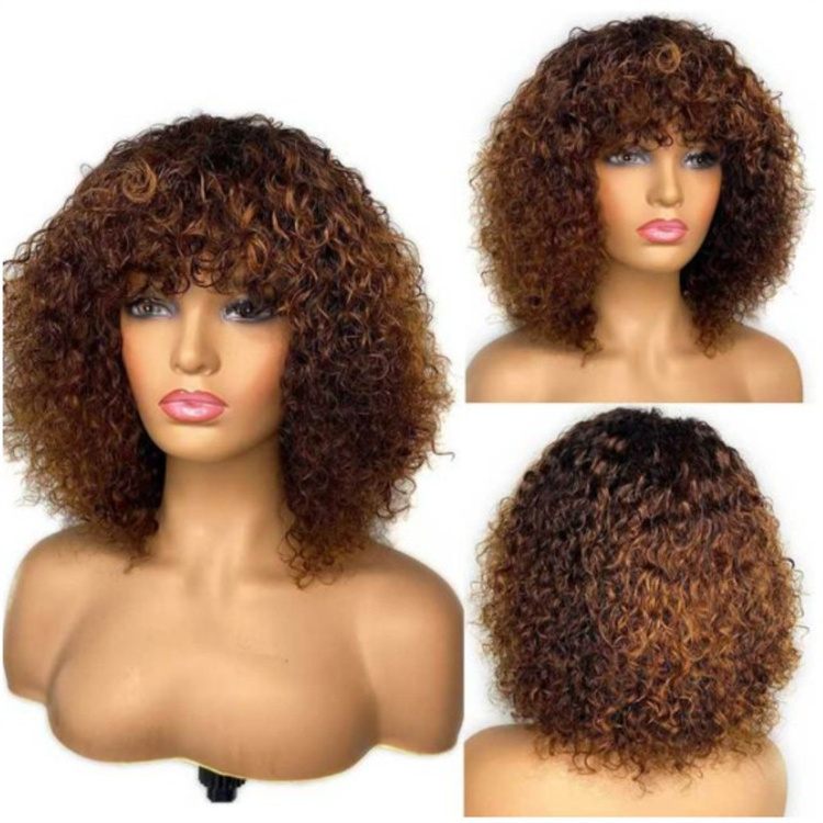 High Quality Brown 27#  Machine Made Pixie Curly Bobo Wigs Brazilian Fringe Bangs Curly Bob 250% Density Human Hair Wig Black