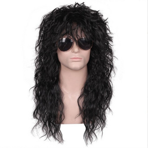 High Quality Mens 80s  Black Mullet Wigs Halloween Costume Male Wig Punk Heavy Metal Rocker Wig Curly Long Perruque Synthetic