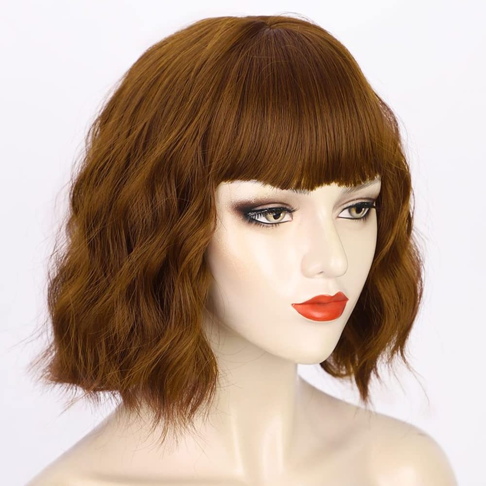 Short Wavy Wigs with Bangs Short Curly Bob Reddish Wigs for Women Synthetic Wavy Bob Wig Heat Resistant Fiber Hair  Extensions