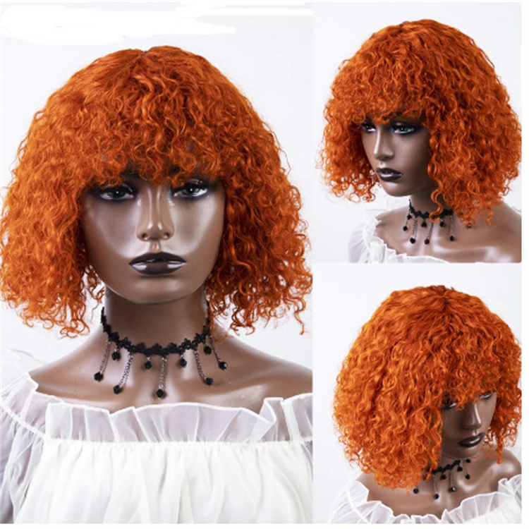 High Quality Brown 27#  Machine Made Pixie Curly Bobo Wigs Brazilian Fringe Bangs Curly Bob 250% Density Human Hair Wig Black