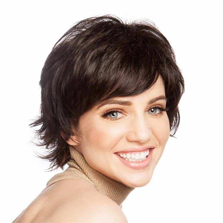 Short Human Hair Wigs for Women Natural Human Hair Wig for White Women Dark Brown Human Hair Wigs With Bangs