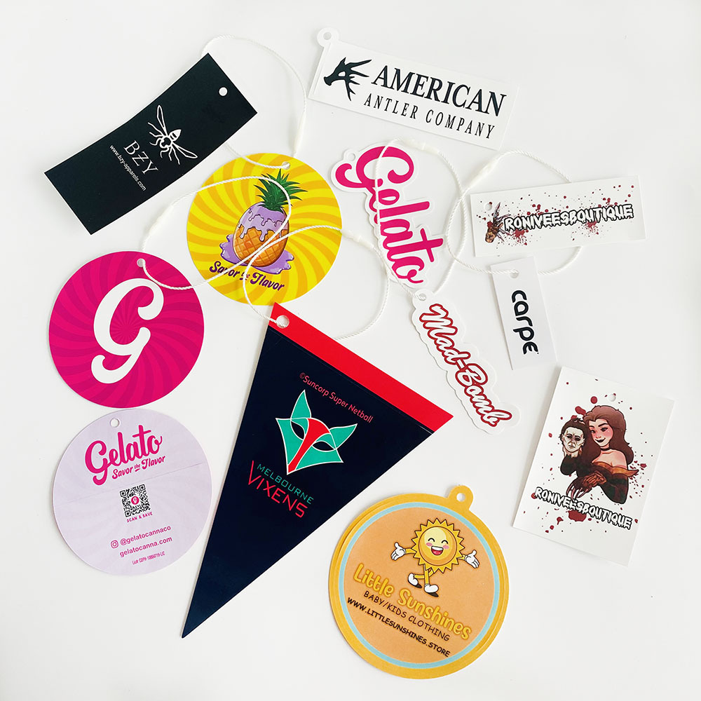 Custom Logo Durable UV Resist Waterproof Brand Advertising Vinyl Double Sides Print Die Cut Kiss Cut Apparel Hang Tag Stickers