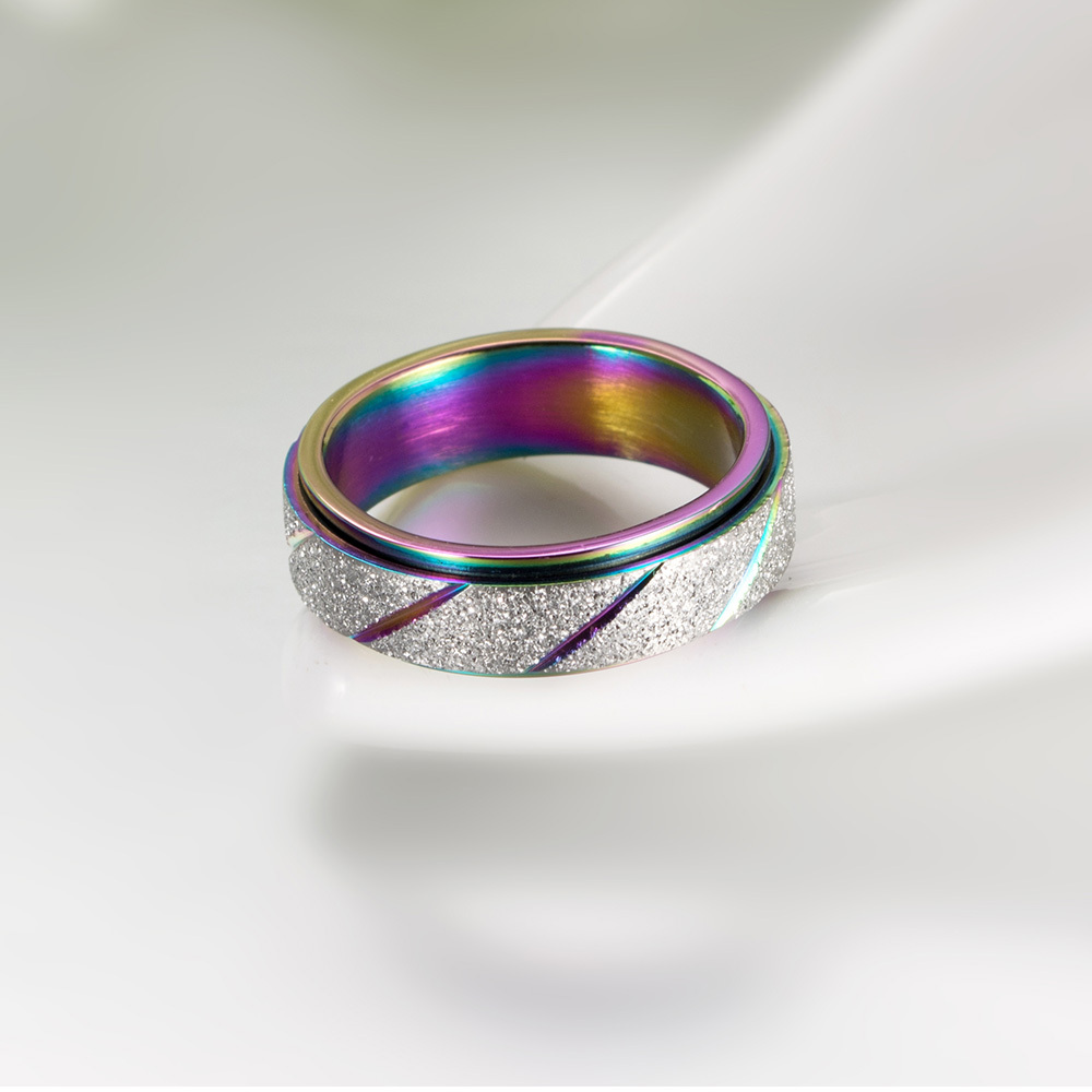 High Quality 6mm Stainless Steel Anxiety Fidget Sand Blast Glitter Oblique Stripe Rose Gold Rainbow Spinner Ring for Women