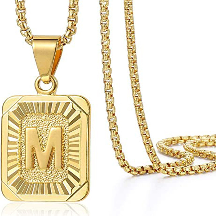 Stainless steel HipHop Square Letter A-Z Pendant Necklaces 18K gold Plated Rectangular Capital Letter Necklace Pendant for Men