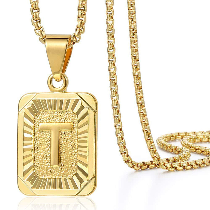 Stainless steel HipHop Square Letter A-Z Pendant Necklaces 18K gold Plated Rectangular Capital Letter Necklace Pendant for Men