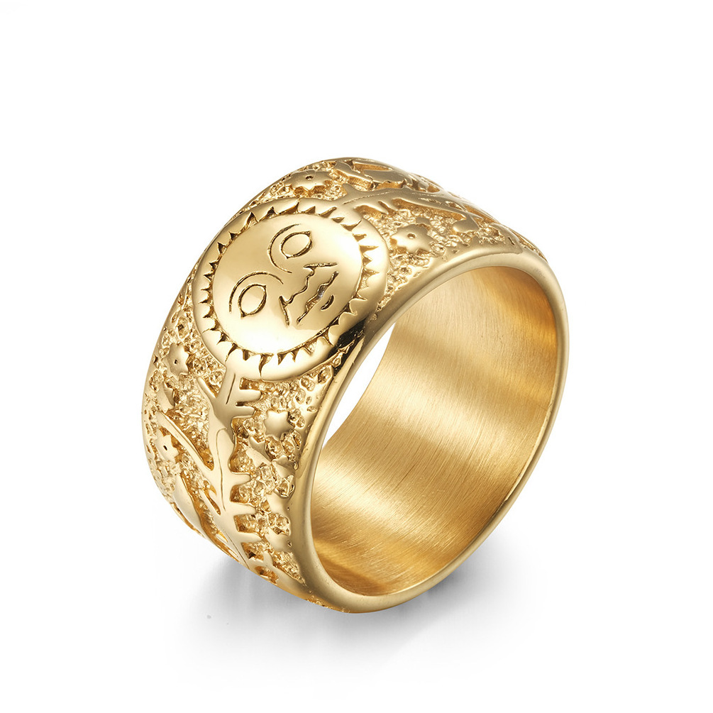 High Quality 12mm Vintage Sun Star Moon Stainless Steel Ring 18K Gold Plated Retro Rattan Rings for Men and Women