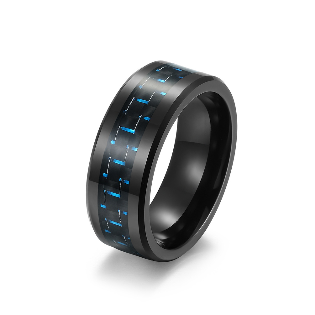 High Quality 8mm Tungsten Steel Ring Inlaid Blue Green Red Carbon Fiber Black Rings for Men Customizable Jewelry Gift