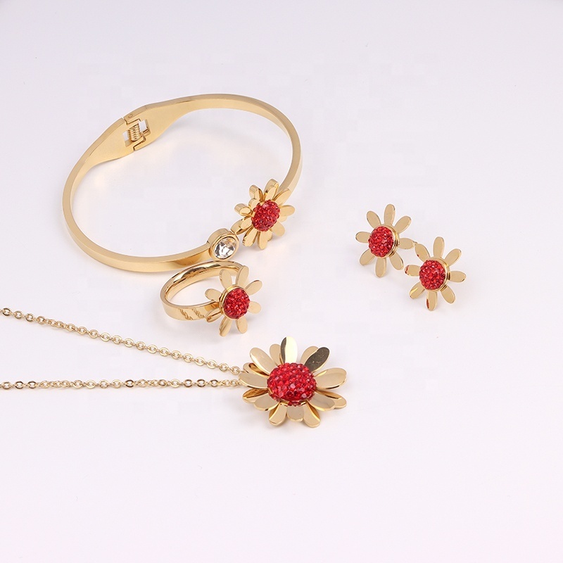 FACEINS 2022 Factory Supply Fashion 18K Gold Plated Stainless Steel Women Party Sunflower Jewelry Set