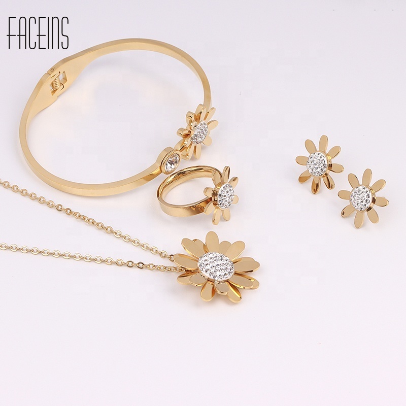 FACEINS 2022 Factory Supply Fashion 18K Gold Plated Stainless Steel Women Party Sunflower Jewelry Set