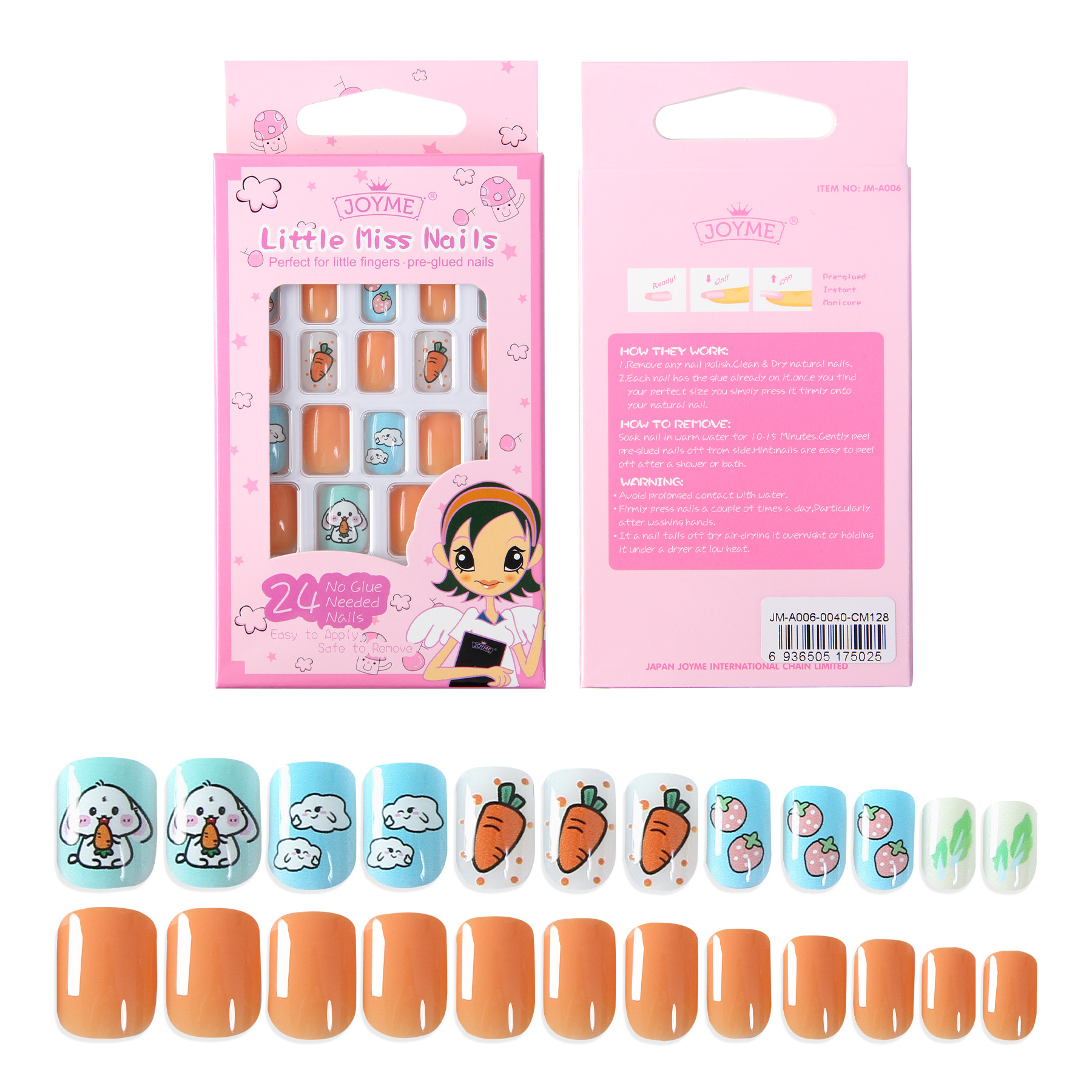 False Nails Kids Press on Short Artificial Fake Nails Cute Pre Glue Full Cover Acrylic Nail Tip Kit for  Little Girls