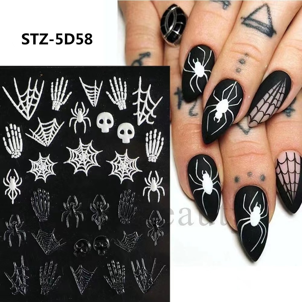 5D Halloween Nail Art Stickers Self-Adhesive Scary Nail Decals 3D Ghost Skull  Nail Design Stickers