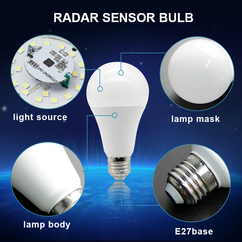 A60 A19 A21 Type E26 E27 B22d Base CRI80 Bulb LED Lights Motion Redar Sensor Lamp Smart Bulb