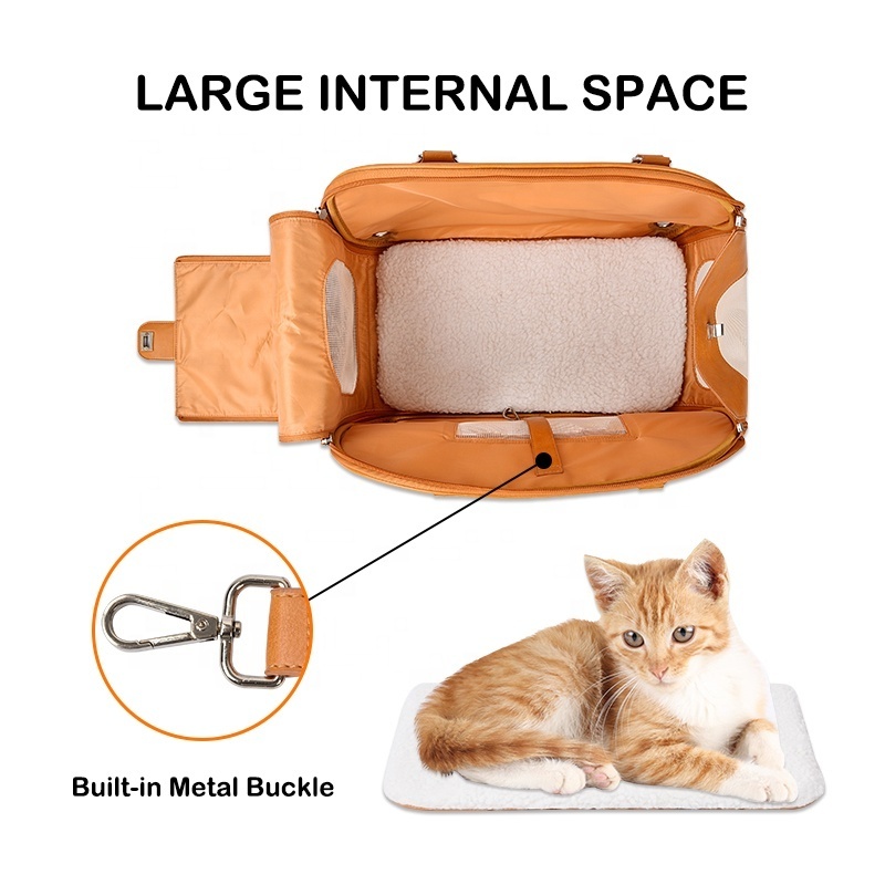 Home & Outdoor Travel Walking Hiking Foldable Waterproof Premium Leather Pet Purse Portable Bag Carrier for Cat and Small Dog