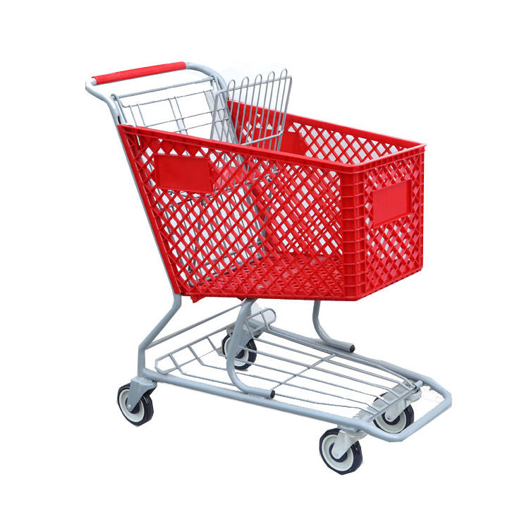 American Style 125L Plastic Supermarket Shopping Trolley Cart Plastic Basket With Baby Seat