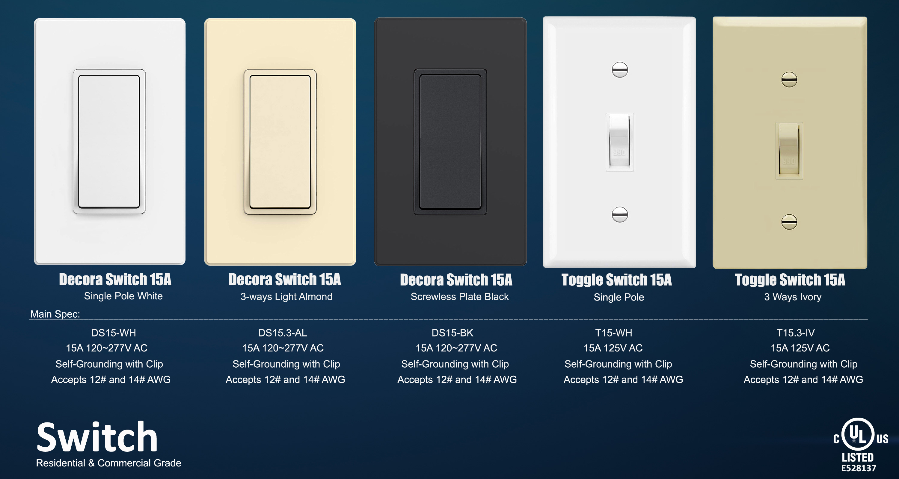 Fahint T15 American US Standard Ac Lighting Switch 5-15r Pole Switch Toggle Switched Receptacle