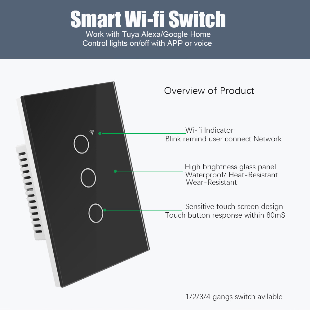 Tempered glass USW8831B 3 gang wifi on off wireless 250v alexa operated smart light switch US standard