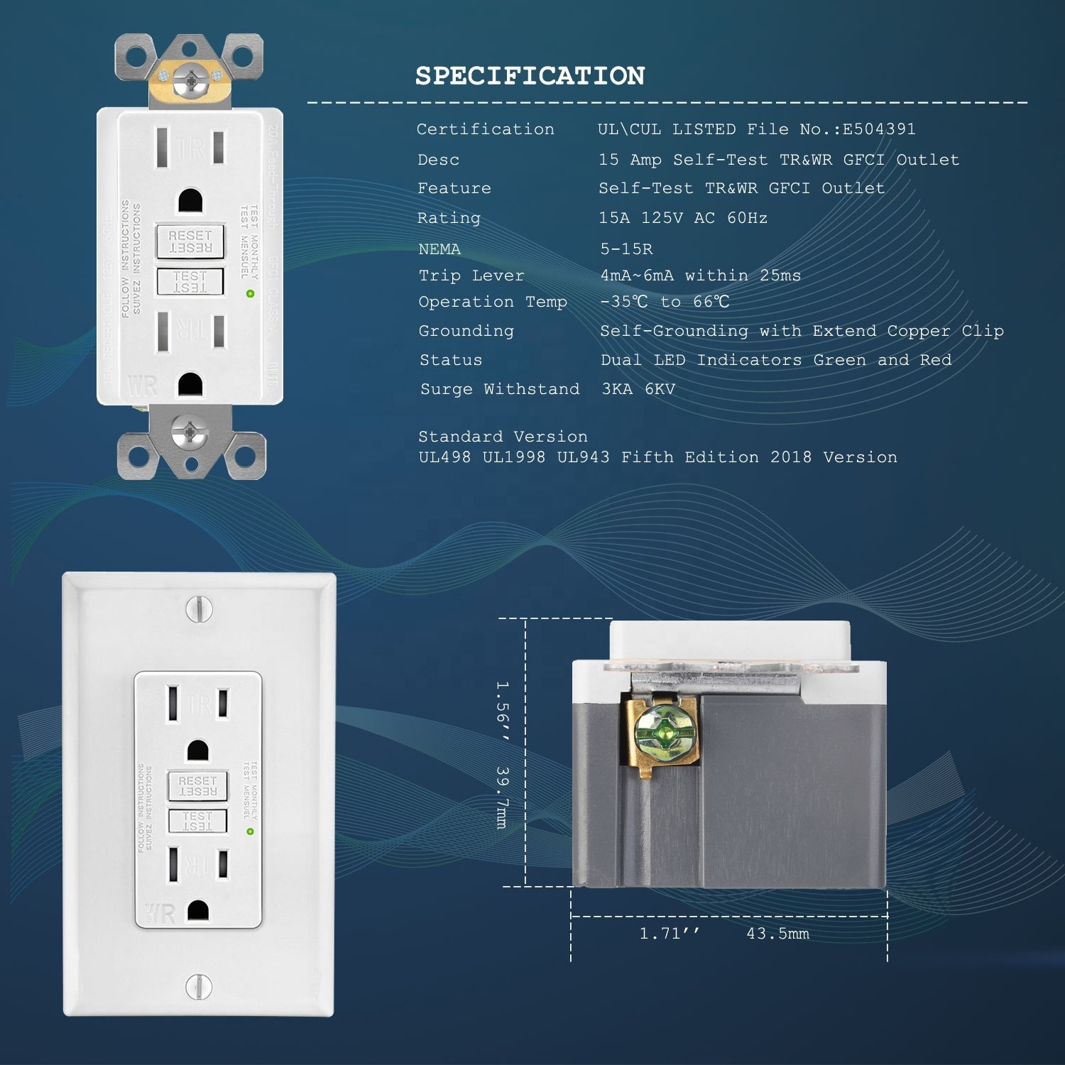 Fahint GW15 Socket us wall outlet weather resistant duplex self test gfci receptacle outdoor outlet