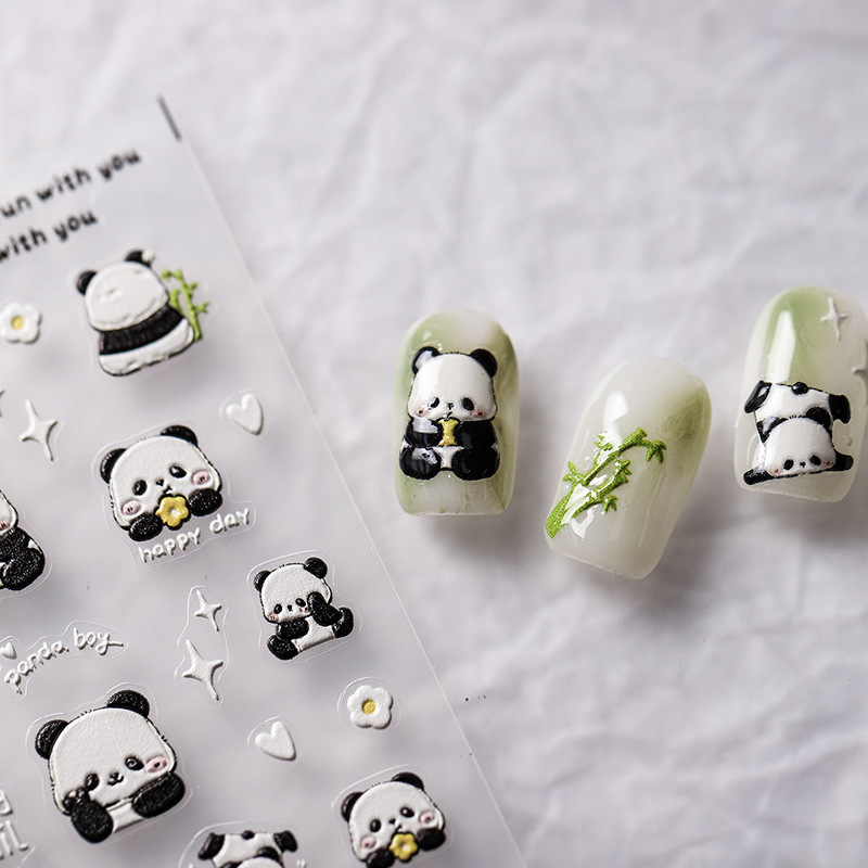 1 Sheet Lovely Panda Bamboo Nail Art Sticker 5d Kawaii Cartoon Bear Back Glue Decal Korean Diy Manicure Slider Decoration