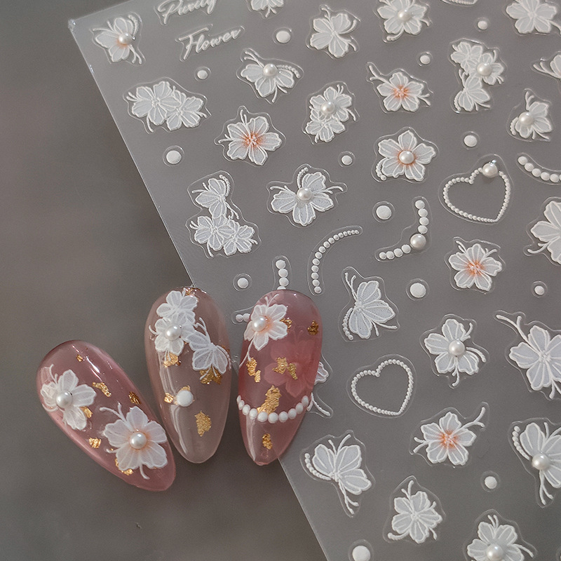 White Black Pink Bowknot Butterfly Nail Art Sticker With Pearl Star Moon 5d Soft Embossed Relief Nail Decals