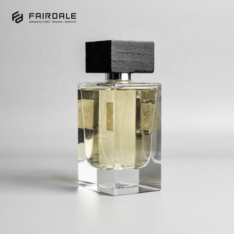 Fairdale Logo Luxury Bottle Parfum Square Glass Bottle 100ml Perfume Bottles With Black Wooden Cap