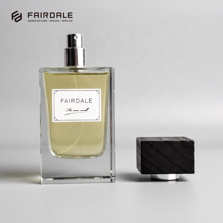 Fairdale Logo Luxury Bottle Parfum Square Glass Bottle 100ml Perfume Bottles With Black Wooden Cap