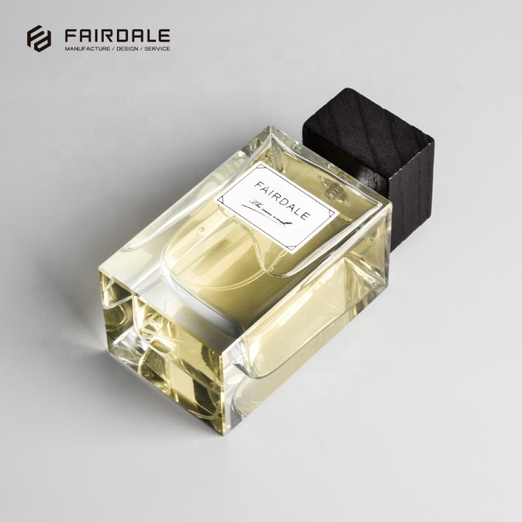 Fairdale Logo Luxury Bottle Parfum Square Glass Bottle 100ml Perfume Bottles With Black Wooden Cap