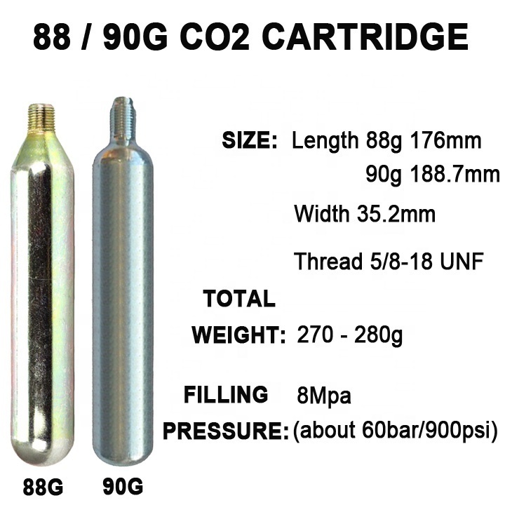 Supplier refillable 88gram 90gm Cartucho Cylinder Co2 gas Cartridges 88g 90G For outdoor game