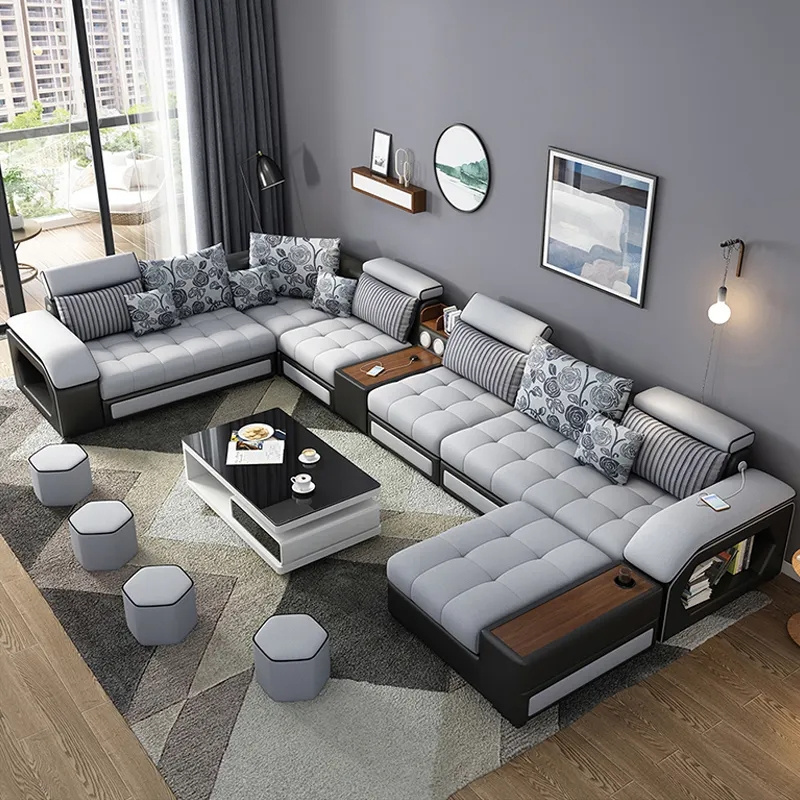 Modern Style Fabric Sectional Sofa Cum Bed Couch Living Room Sofas Set Home Furnture Luxury u shaped Corner sofa set 7 seater